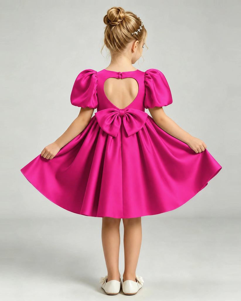 Hot Pink Satin A-line Flower Girl Dress Back View
