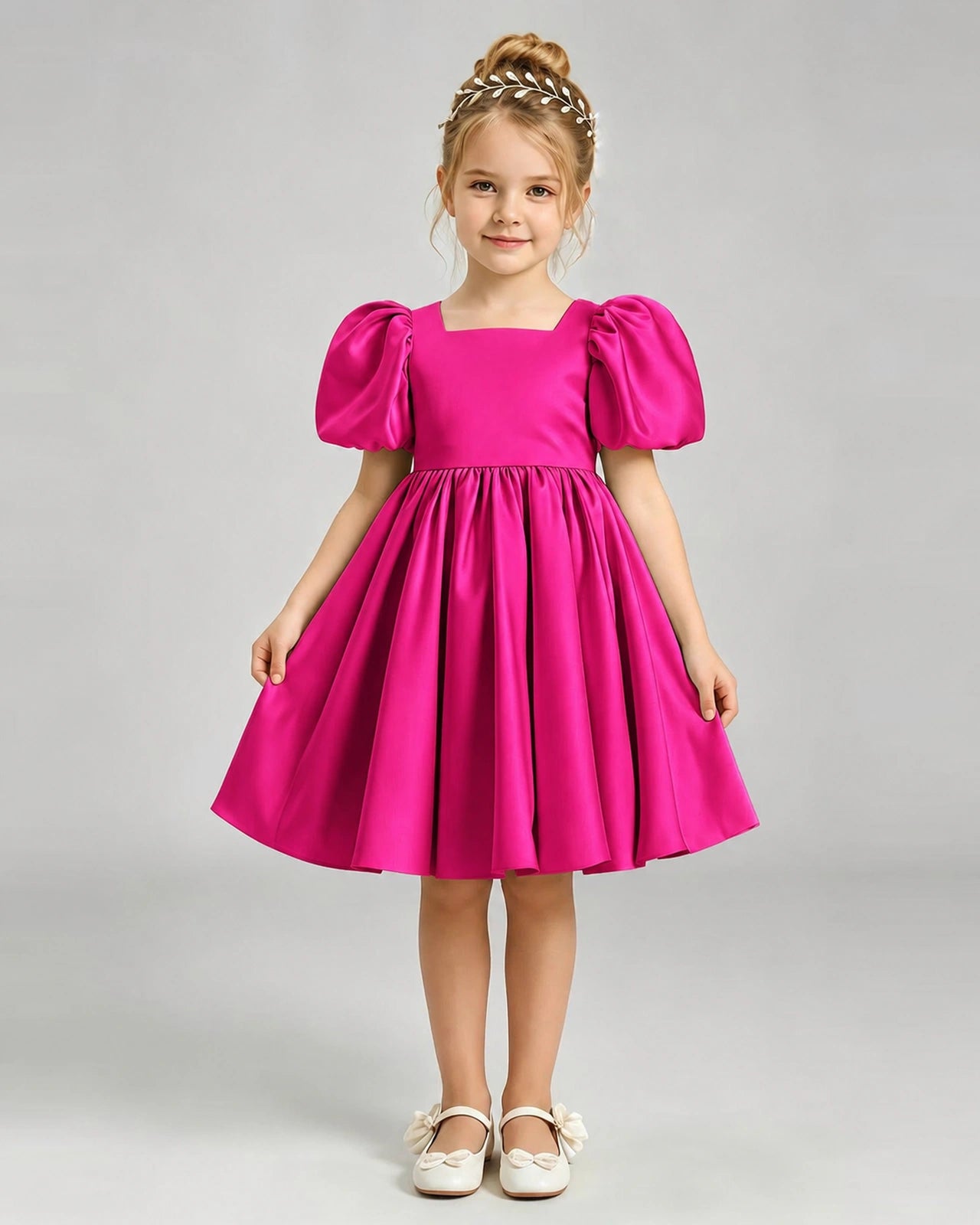 Hot Pink Flower Girl Dress Puff Sleeve Heart Cutout Satin A-Line Knee-Length Gown Front Full View