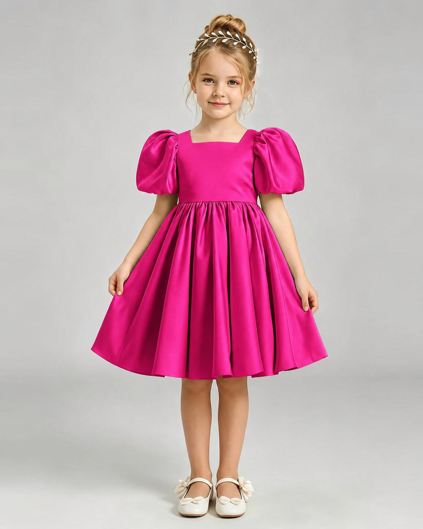 Hot Pink Satin A-line Flower Girl Dress Front View