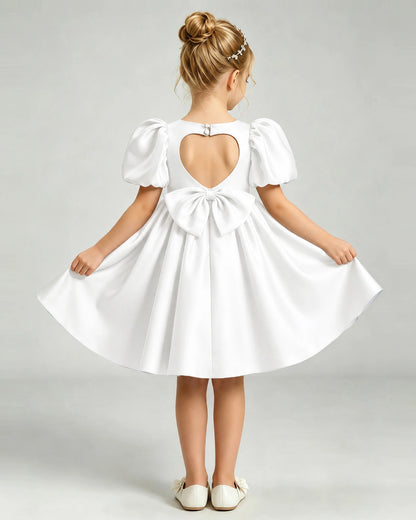 Ivory Flower Girl Dress Puff Sleeve Heart Cutout Satin A-Line Knee-Length Gown Front Full View