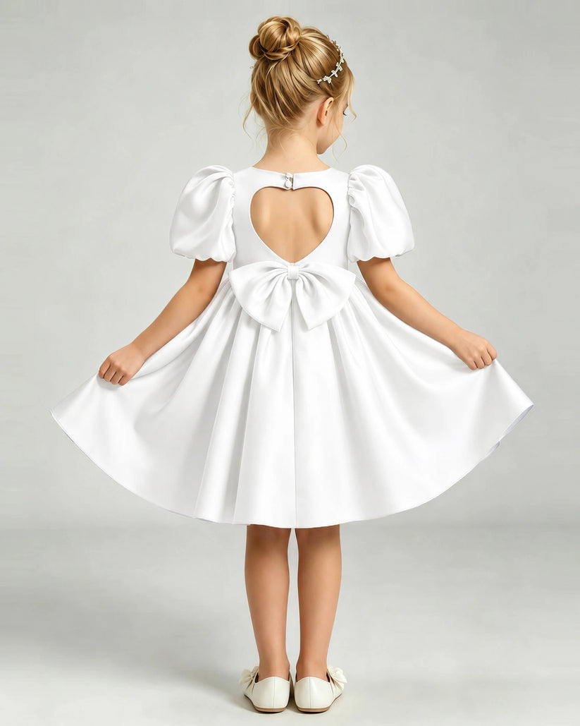 Ivory Satin A-line Flower Girl Dress Back View