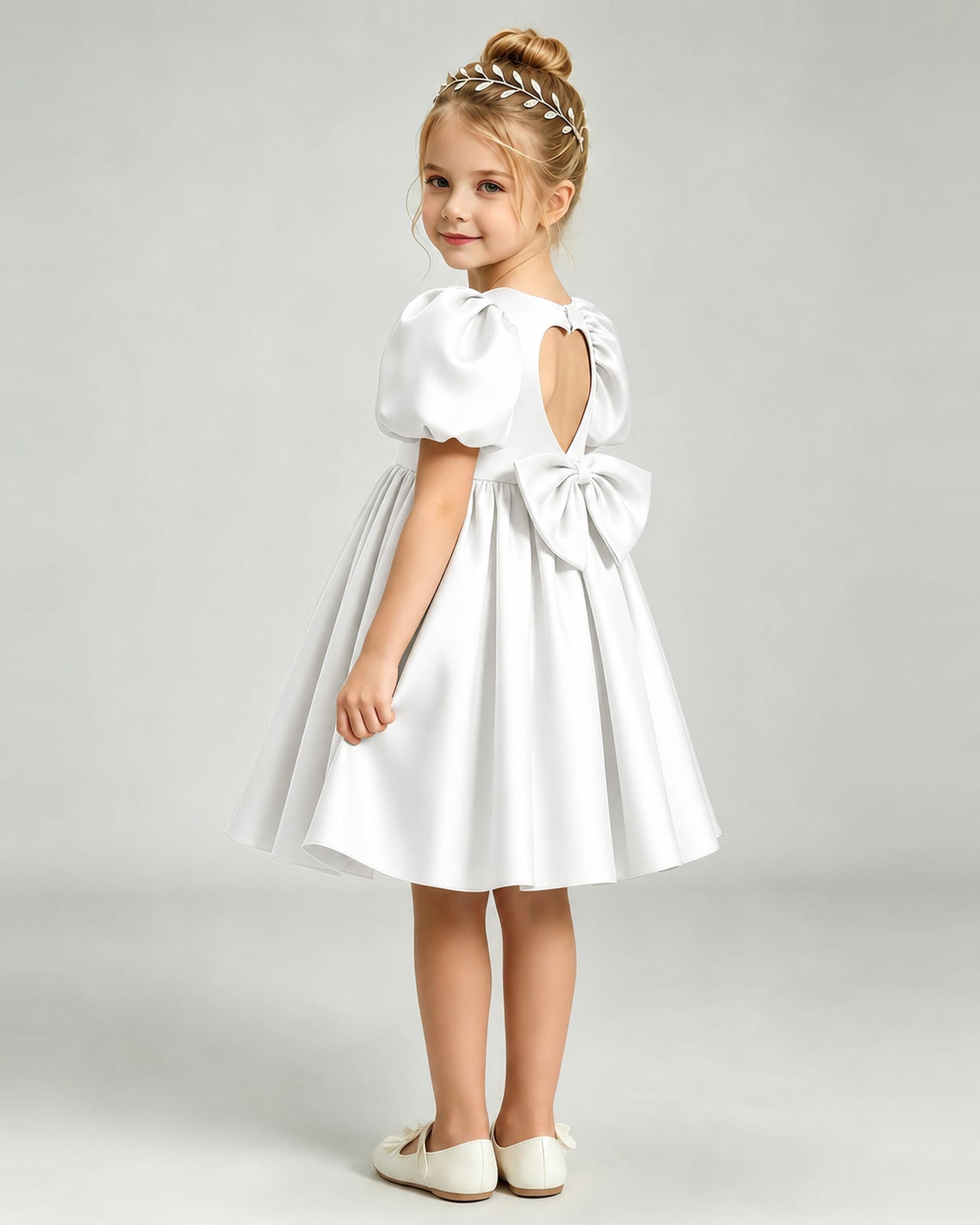 Ivory Flower Girl Dress Puff Sleeve Heart Cutout Satin A-Line Knee-Length Gown Side Full View