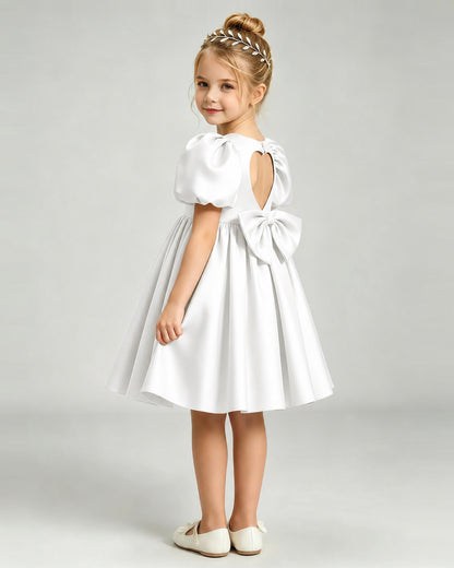 Ivory Flower Girl Dress Puff Sleeve Heart Cutout Satin A-Line Knee-Length Gown Side Full View