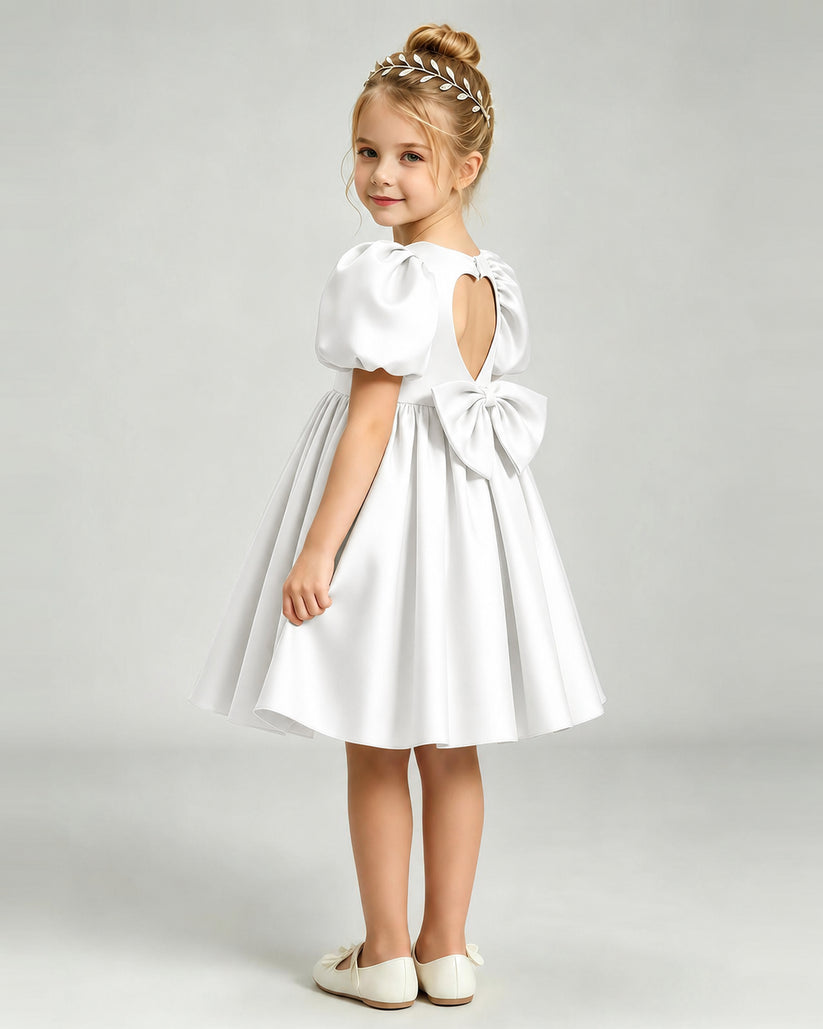 Ivory Satin A-line Flower Girl Dress Back View