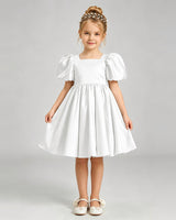 Ivory Satin A-line Flower Girl Dress Front View