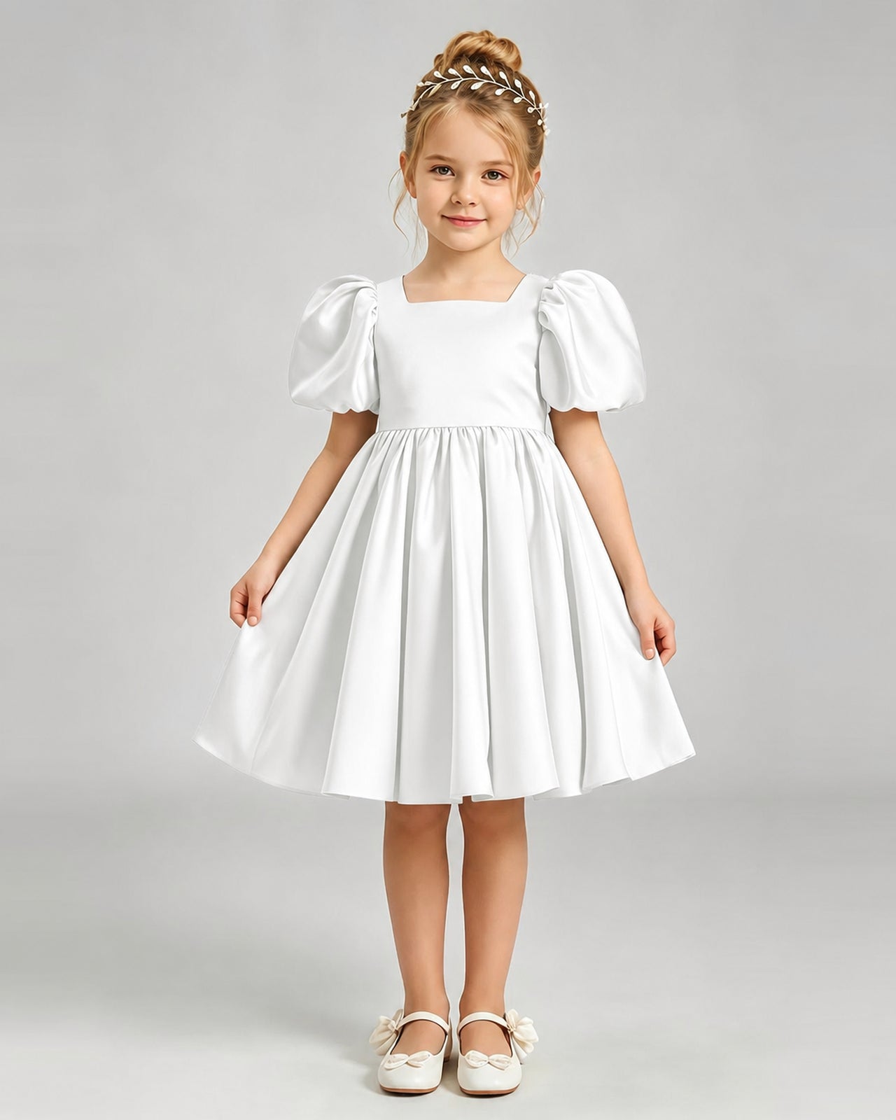 Ivory Flower Girl Dress Puff Sleeve Heart Cutout Satin A-Line Knee-Length Gown Front Full View