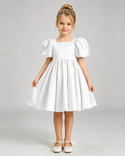 Ivory Flower Girl Dress Puff Sleeve Heart Cutout Satin A-Line Knee-Length Gown Front Full View