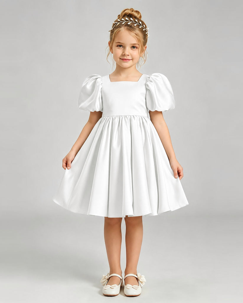 Ivory Satin A-line Flower Girl Dress Front View