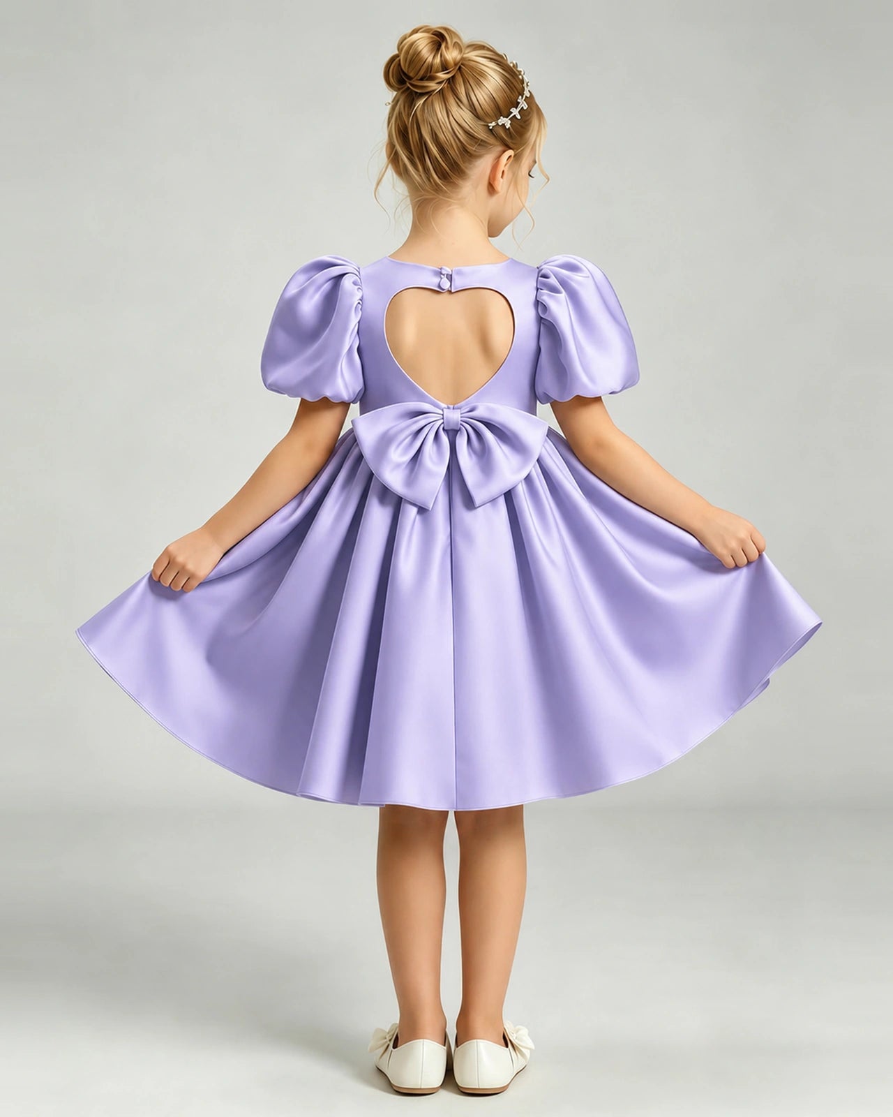 Lavender Flower Girl Dress Puff Sleeve Heart Cutout Satin A-Line Knee-Length Gown Back Full View
