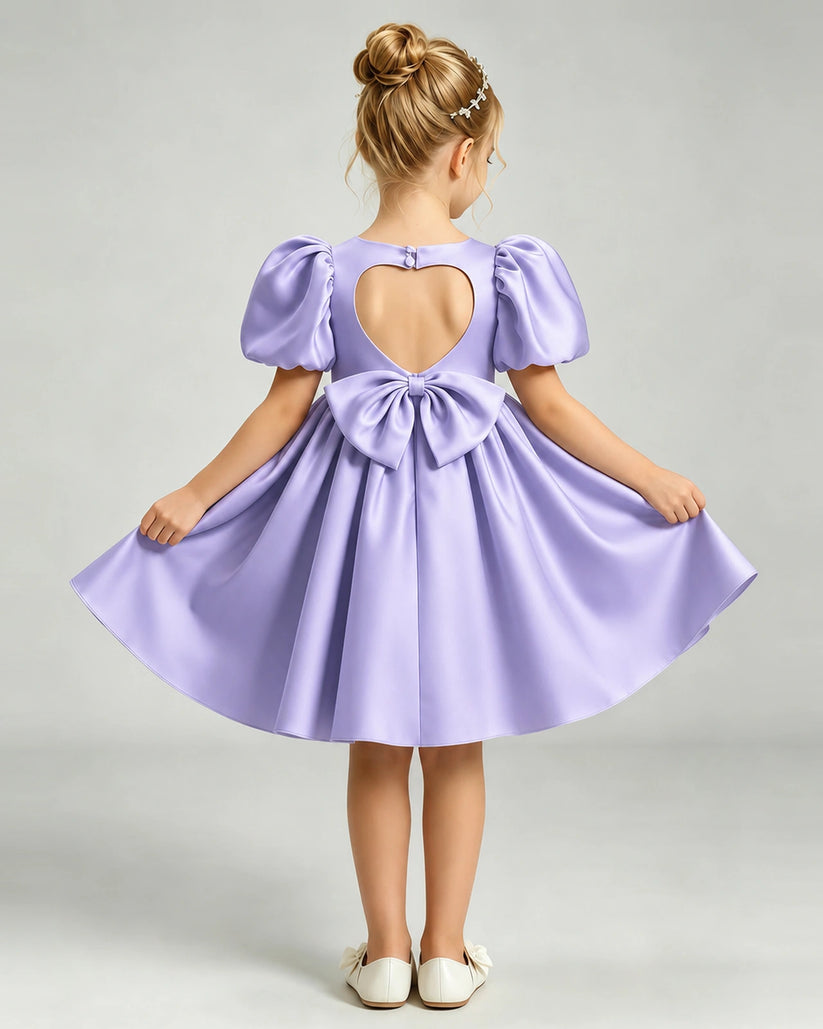 Lavender Satin A-line Flower Girl Dress Back View