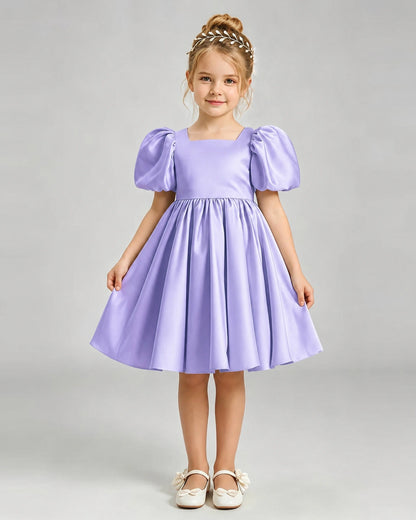 Lavender Flower Girl Dress Puff Sleeve Heart Cutout Satin A-Line Knee-Length Gown Front Full View