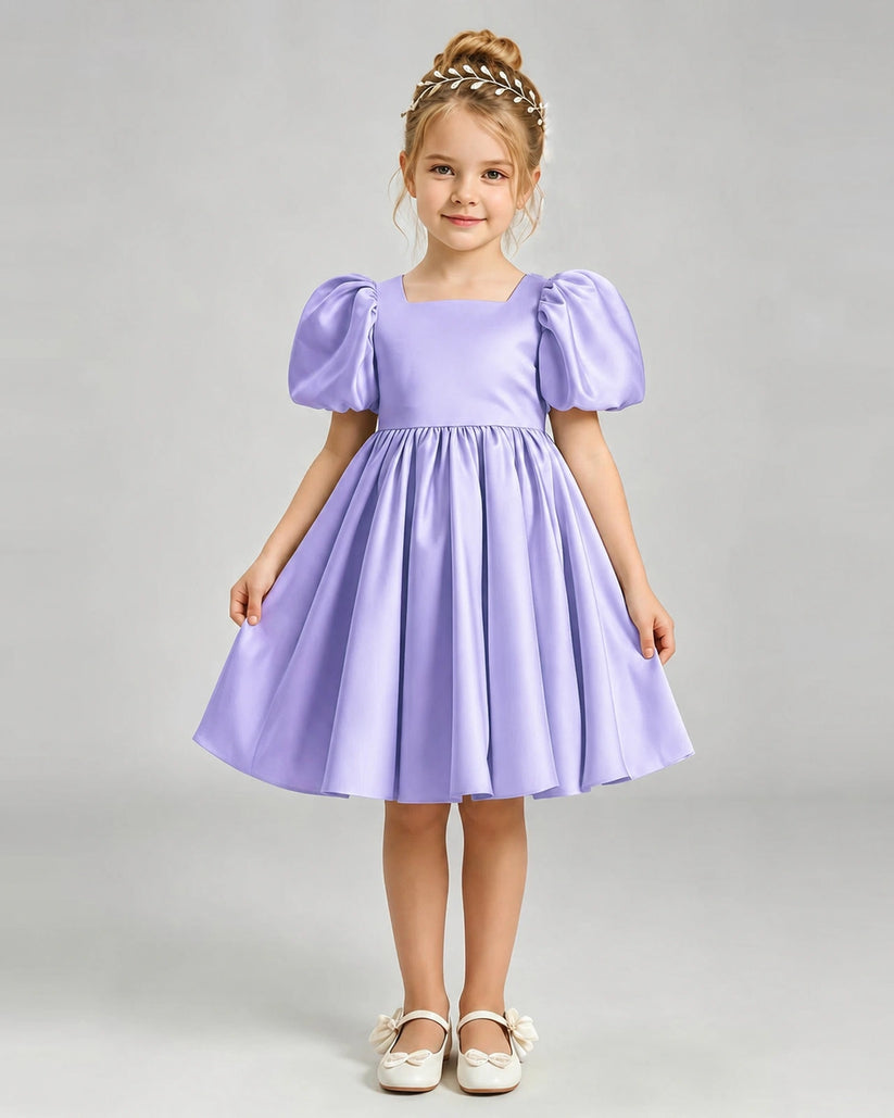 Lavender Satin A-line Flower Girl Dress Front View