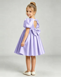 Lavender Flower Girl Dress Puff Sleeve Heart Cutout Satin A-Line Knee-Length Gown Side Full View