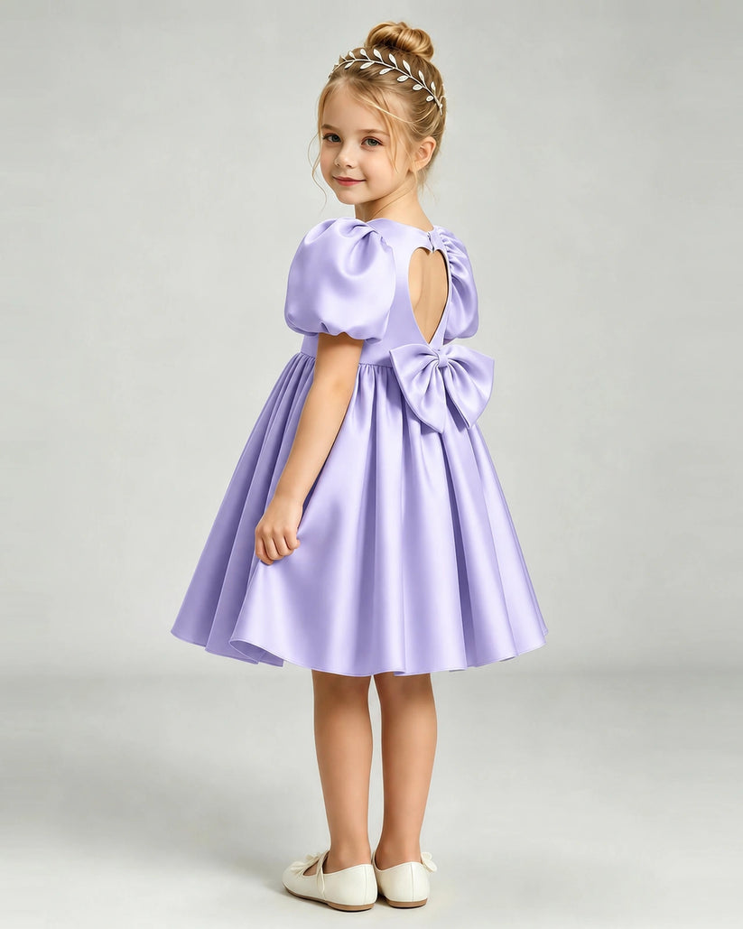 Lavender Satin A-line Flower Girl Dress Back View