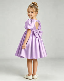 Lilac Flower Girl Dress Puff Sleeve Heart Cutout Satin A-Line Knee-Length Gown Side Full View