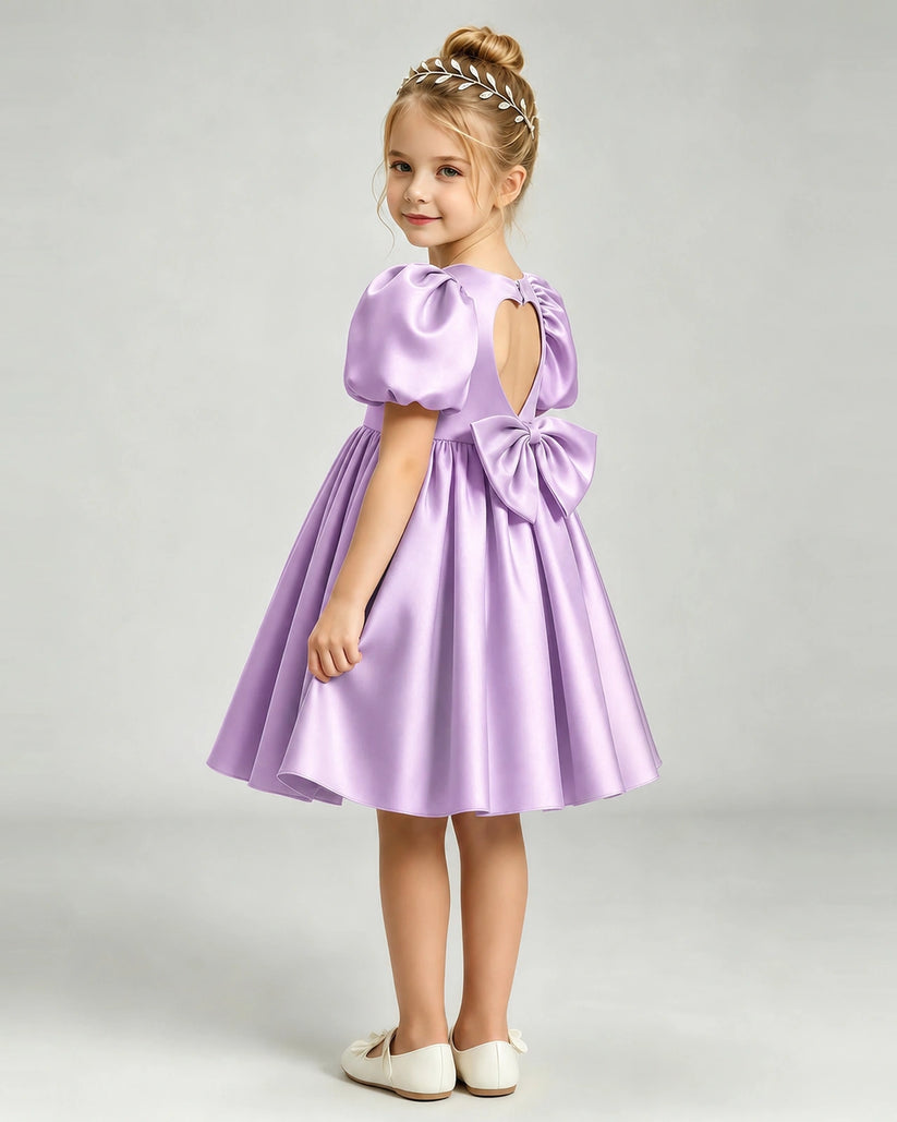 Lilac Satin A-line Flower Girl Dress Back View