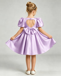 Lilac Flower Girl Dress Puff Sleeve Heart Cutout Satin A-Line Knee-Length Gown Back Full View