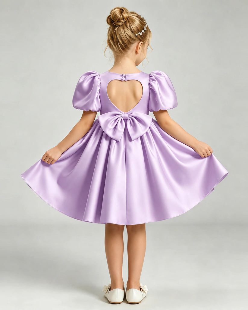 Lilac Satin A-line Flower Girl Dress Back View