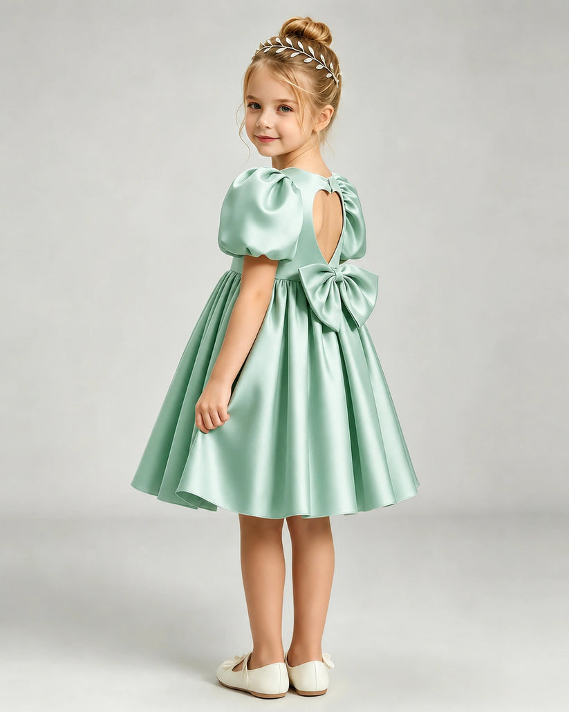 Mint Green Satin A-line Flower Girl Dress Back View