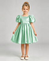 Mint Green Satin A-line Flower Girl Dress Front View