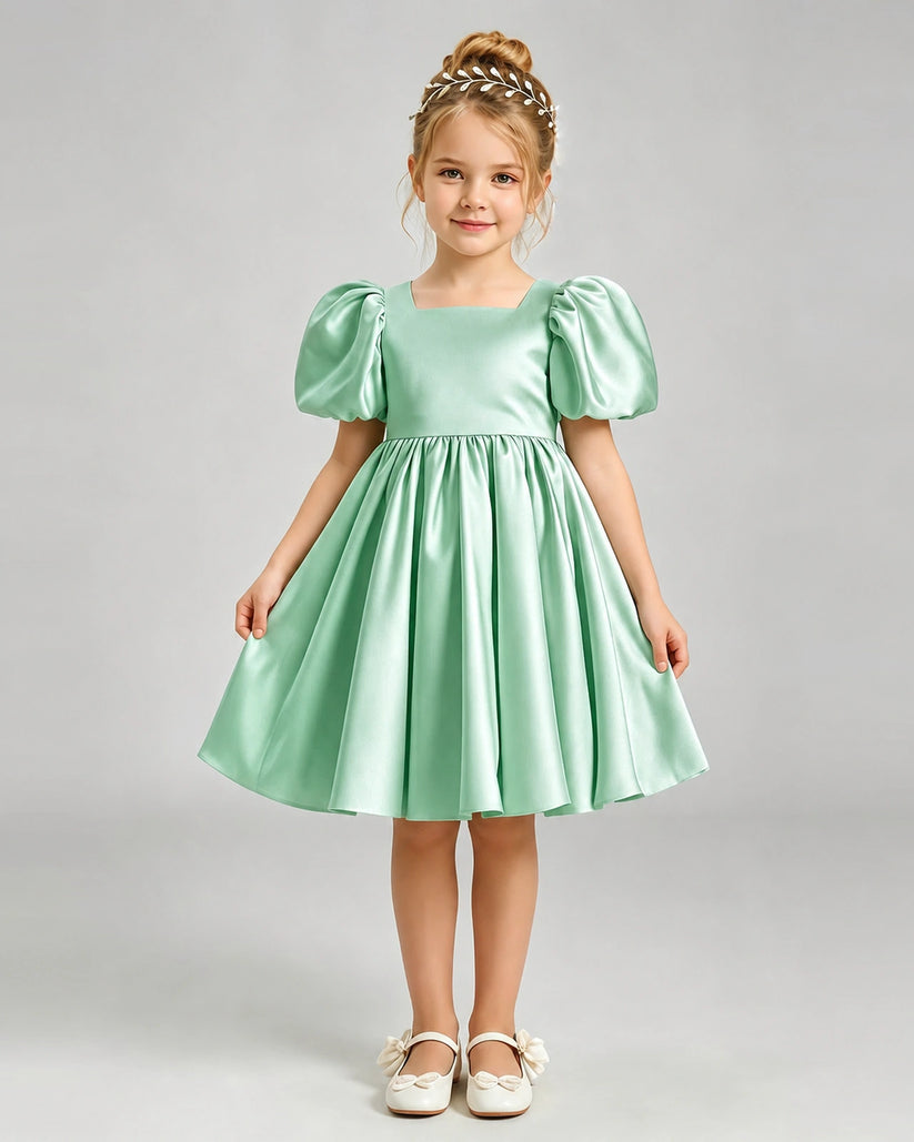 Mint Green Satin A-line Flower Girl Dress Front View