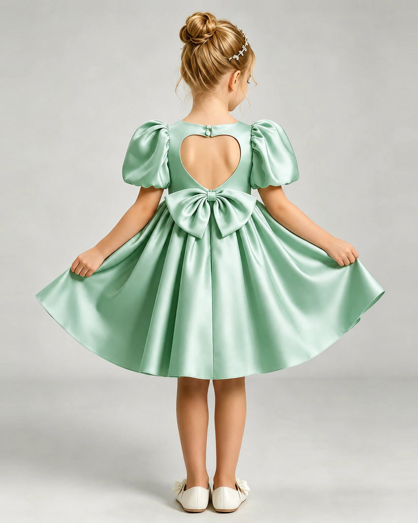 Mint Green Satin A-line Flower Girl Dress Back View