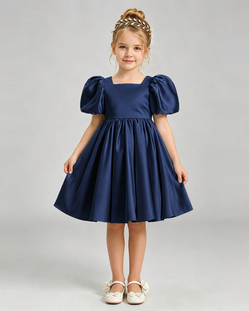 Navy Blue Satin A-line Flower Girl Dress Front View