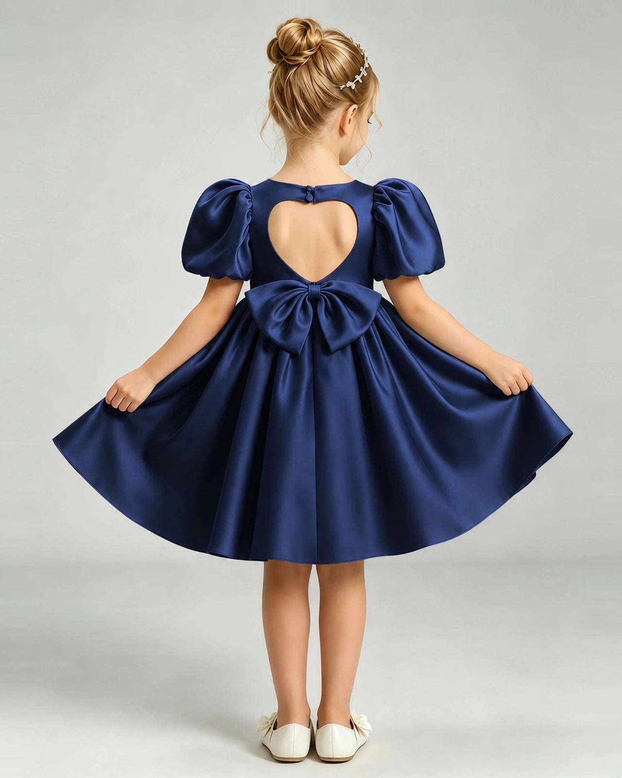 Navy Blue Flower Girl Dress Puff Sleeve Heart Cutout Satin A-Line Knee-Length Gown Back Full View