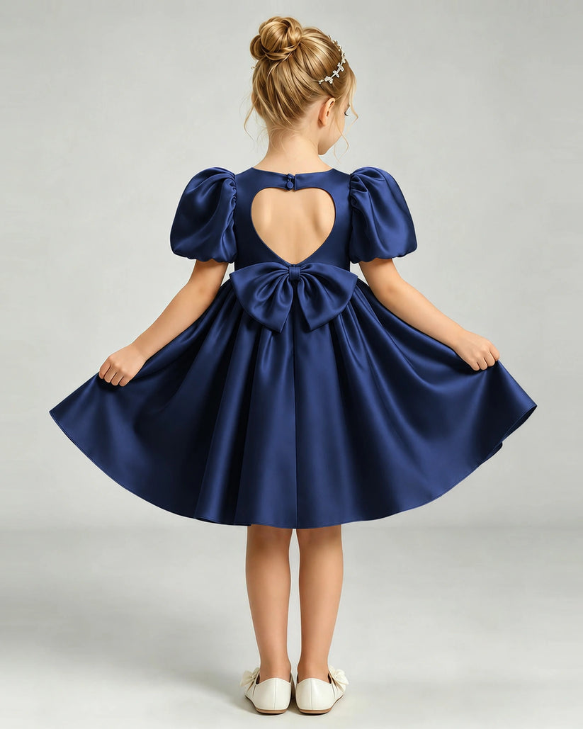 Navy Blue Satin A-line Flower Girl Dress Back View