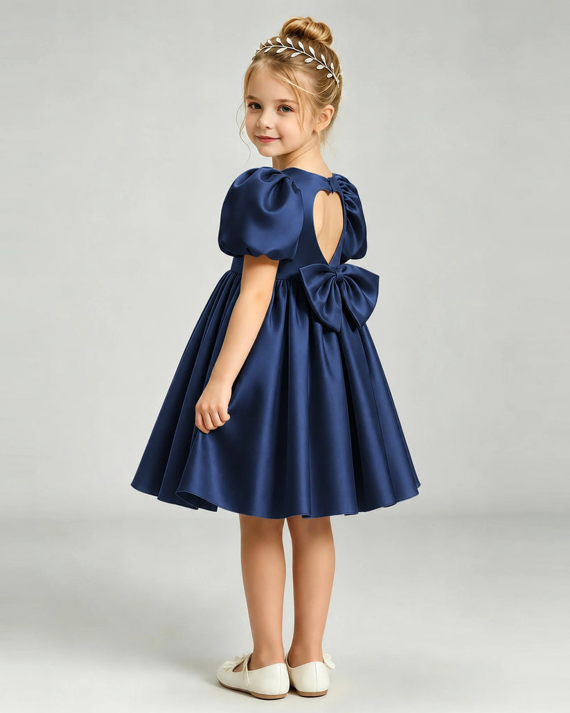 Navy Blue Satin A-line Flower Girl Dress Back View