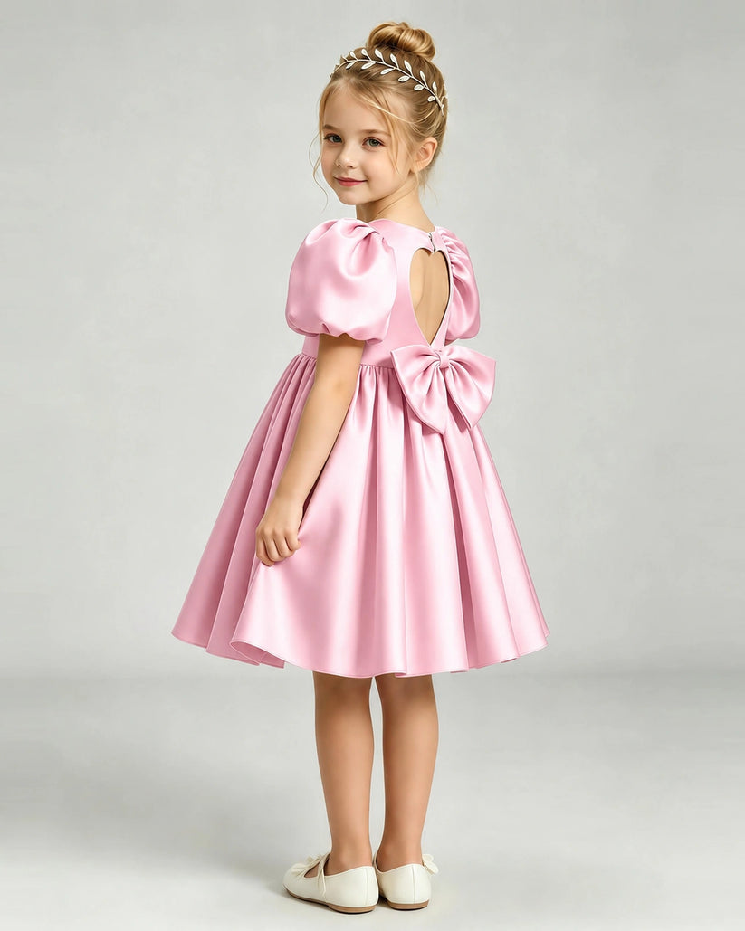 Pink Satin A-line Flower Girl Dress Back View