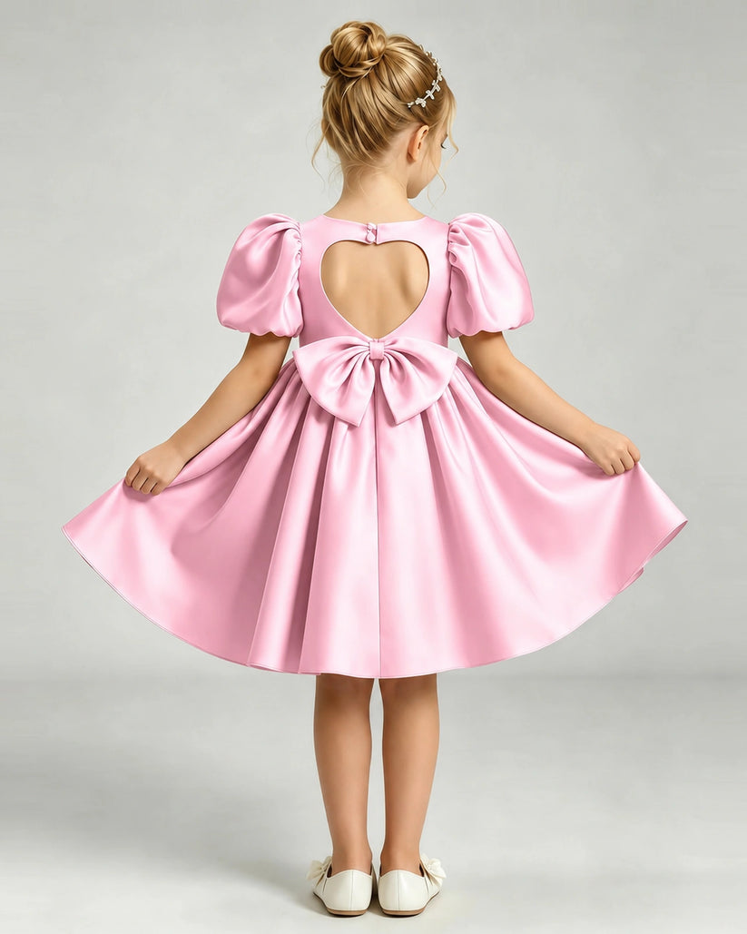 Pink Satin A-line Flower Girl Dress Back View