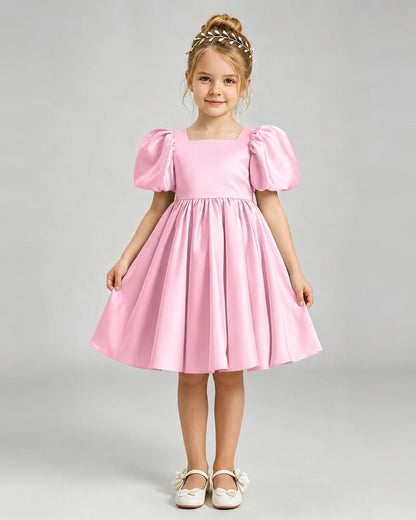 Pink Flower Girl Dress Puff Sleeve Heart Cutout Satin A-Line Knee-Length Gown Front Full View