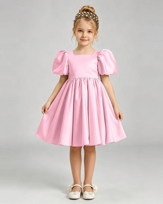 Pink Satin A-line Flower Girl Dress Front View