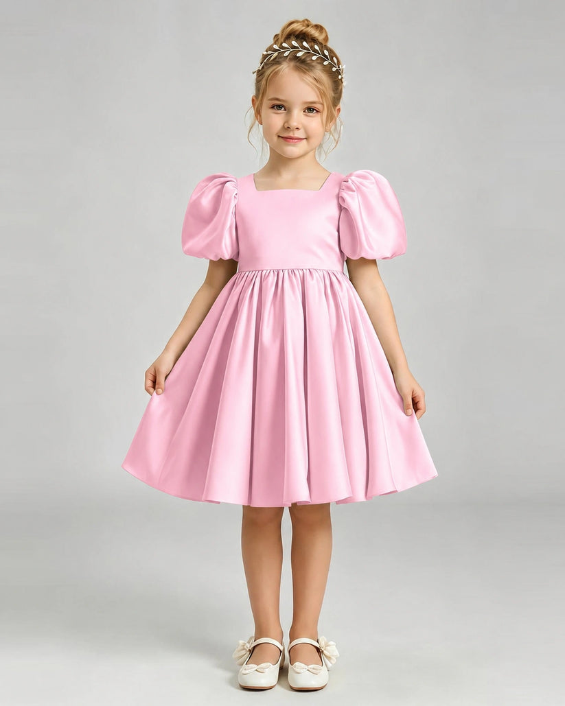 Pink Satin A-line Flower Girl Dress Front View