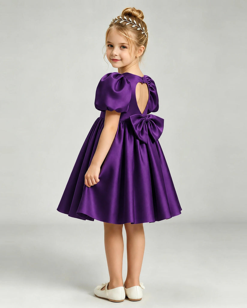 Purple Satin A-line Flower Girl Dress Back View