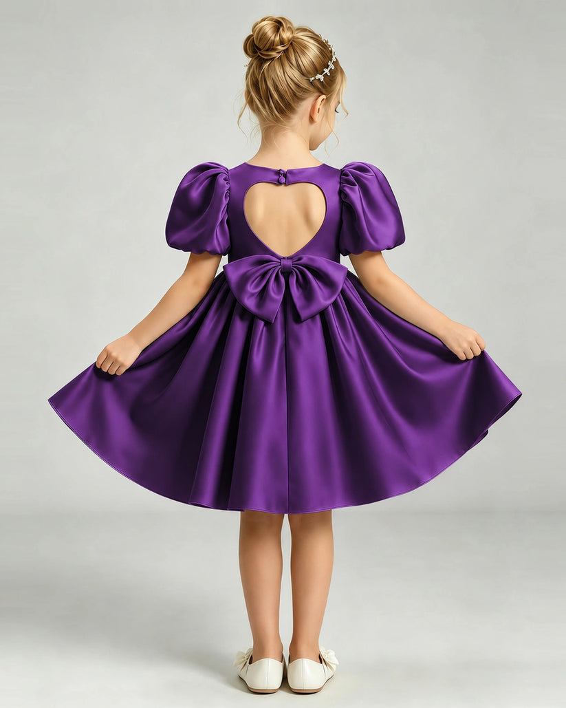 Purple Satin A-line Flower Girl Dress Back View