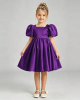 Purple Satin A-line Flower Girl Dress Front View