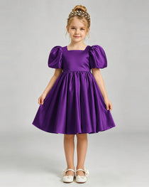 Purple Flower Girl Dress Puff Sleeve Heart Cutout Satin A-Line Knee-Length Gown Front Full View
