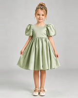 Sage Green Satin A-line Flower Girl Dress Front View