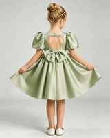 Sage Green Satin A-line Flower Girl Dress Back View
