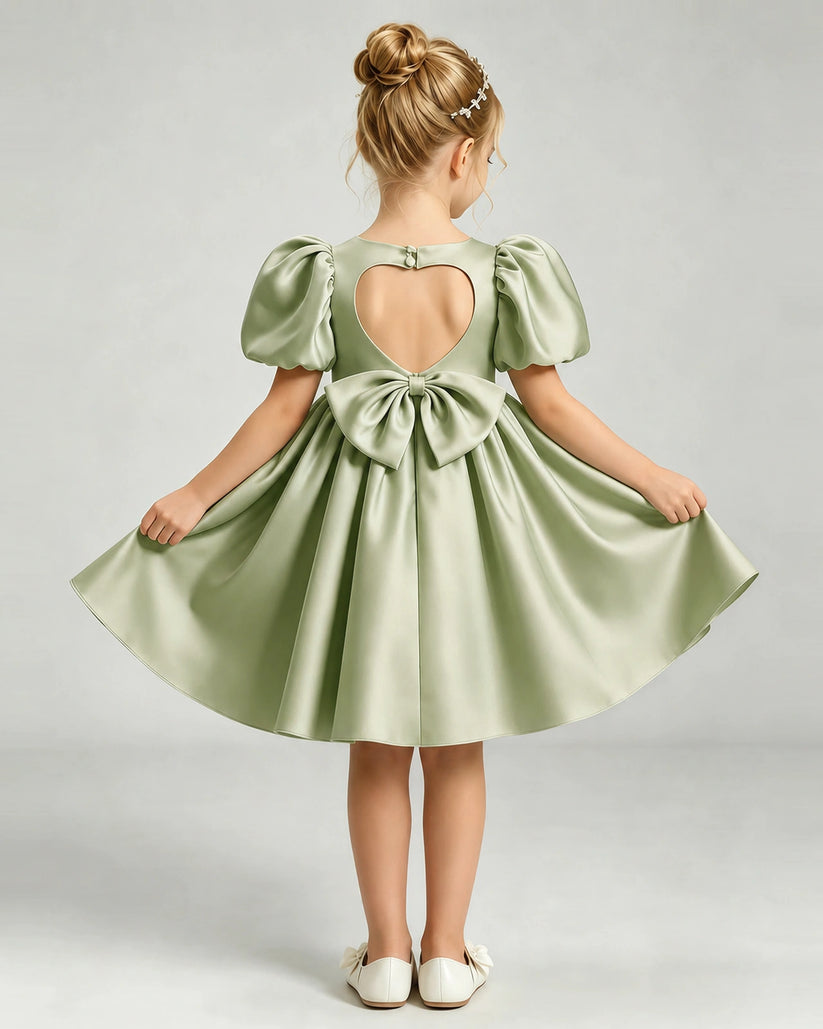 Sage Green Satin A-line Flower Girl Dress Back View