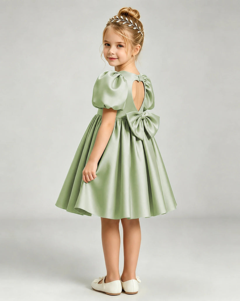 Sage Green Satin A-line Flower Girl Dress Back View