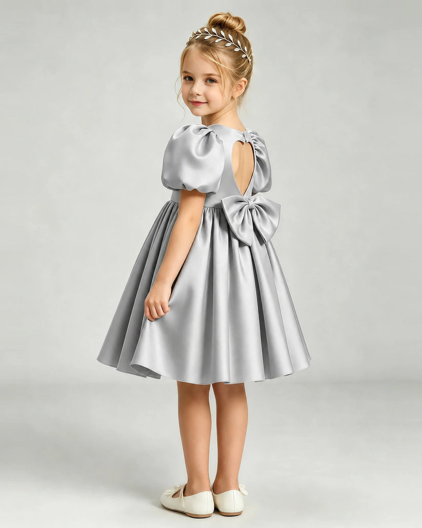 Silver Satin A-line Flower Girl Dress Back View
