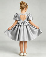 Silver Satin A-line Flower Girl Dress Back View