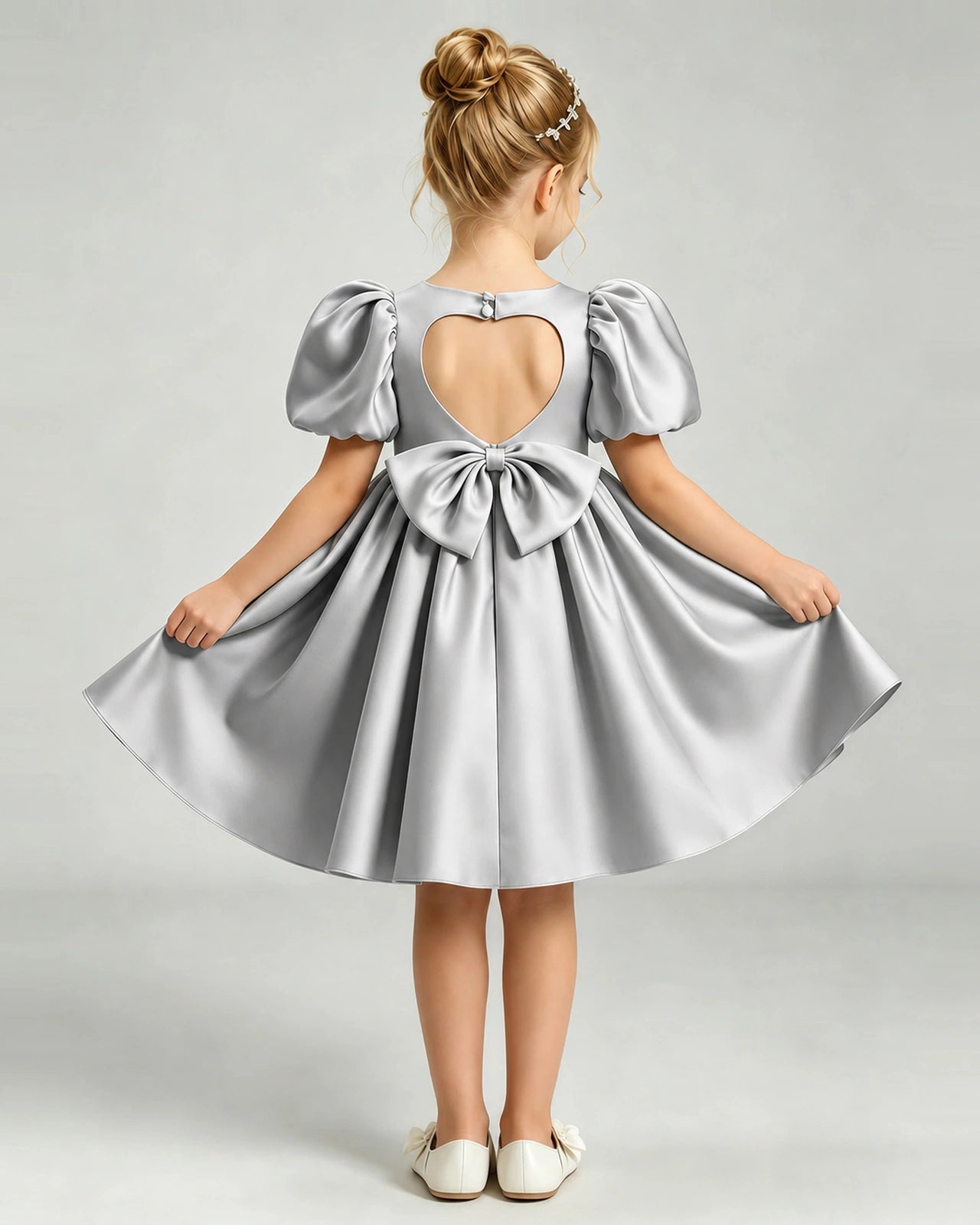 Silver Flower Girl Dress Puff Sleeve Heart Cutout Satin A-Line Knee-Length Gown Back Full View