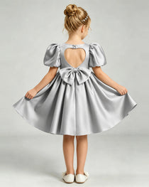 Silver Flower Girl Dress Puff Sleeve Heart Cutout Satin A-Line Knee-Length Gown Back Full View