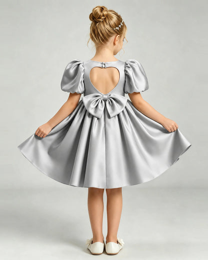 Silver Flower Girl Dress Puff Sleeve Heart Cutout Satin A-Line Knee-Length Gown Back Full View
