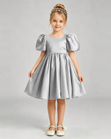 Silver Satin A-line Flower Girl Dress Front View
