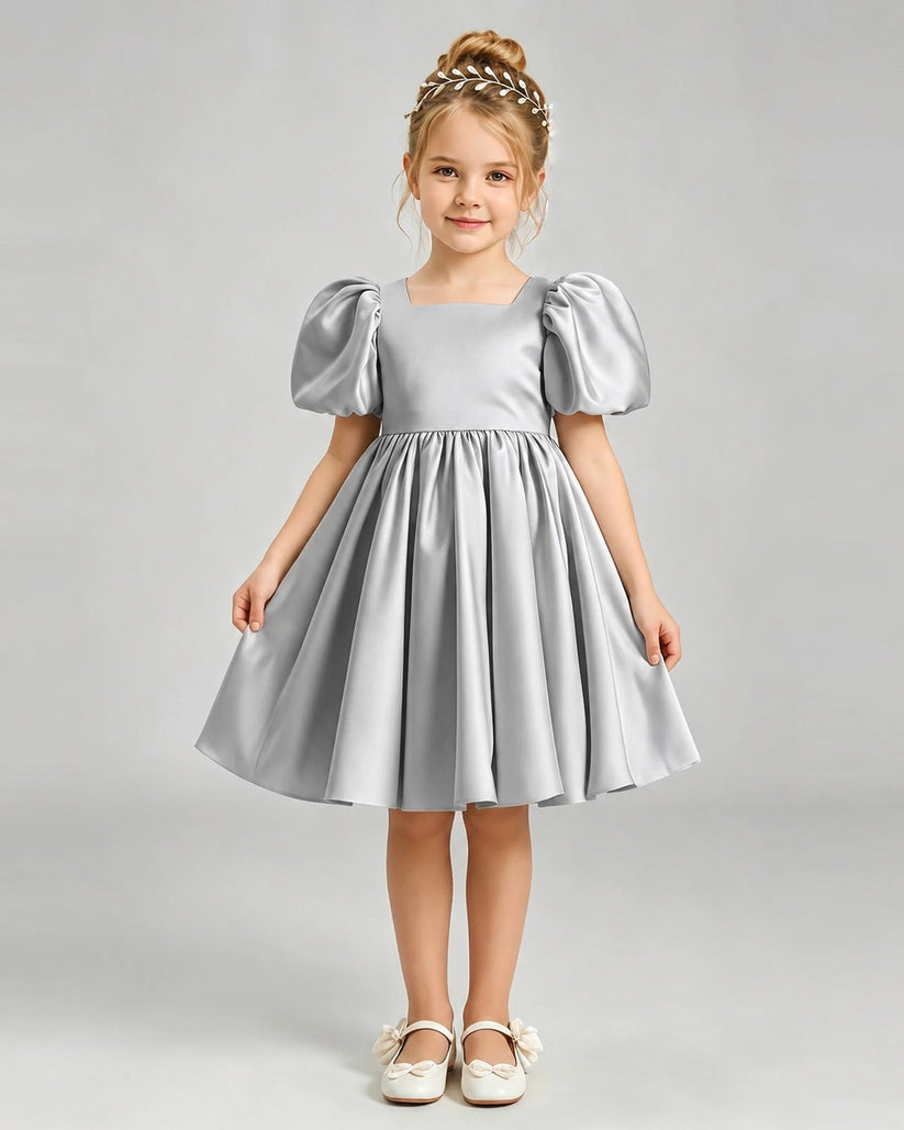 Silver Satin A-line Flower Girl Dress Front View